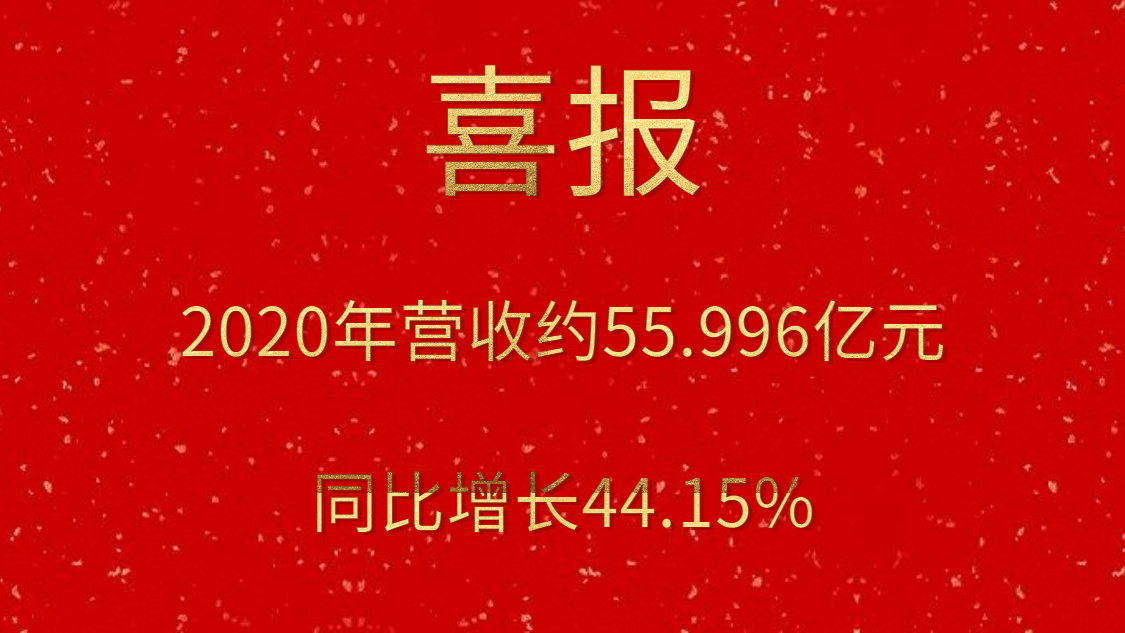 喜报！2020年营收约55.996亿元，，，，，，同比增添44.15%